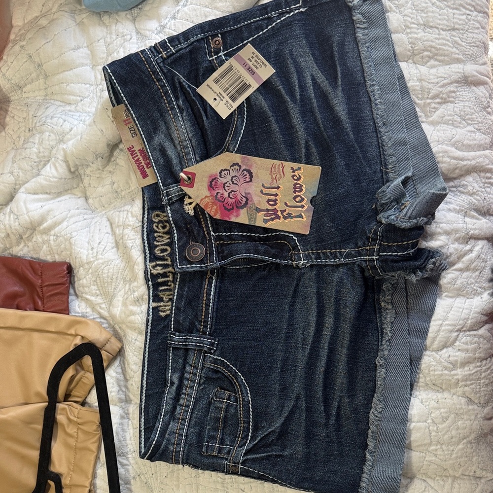 Wallflower Dark Blue Denim Cutoff Shorts with Floral Tag